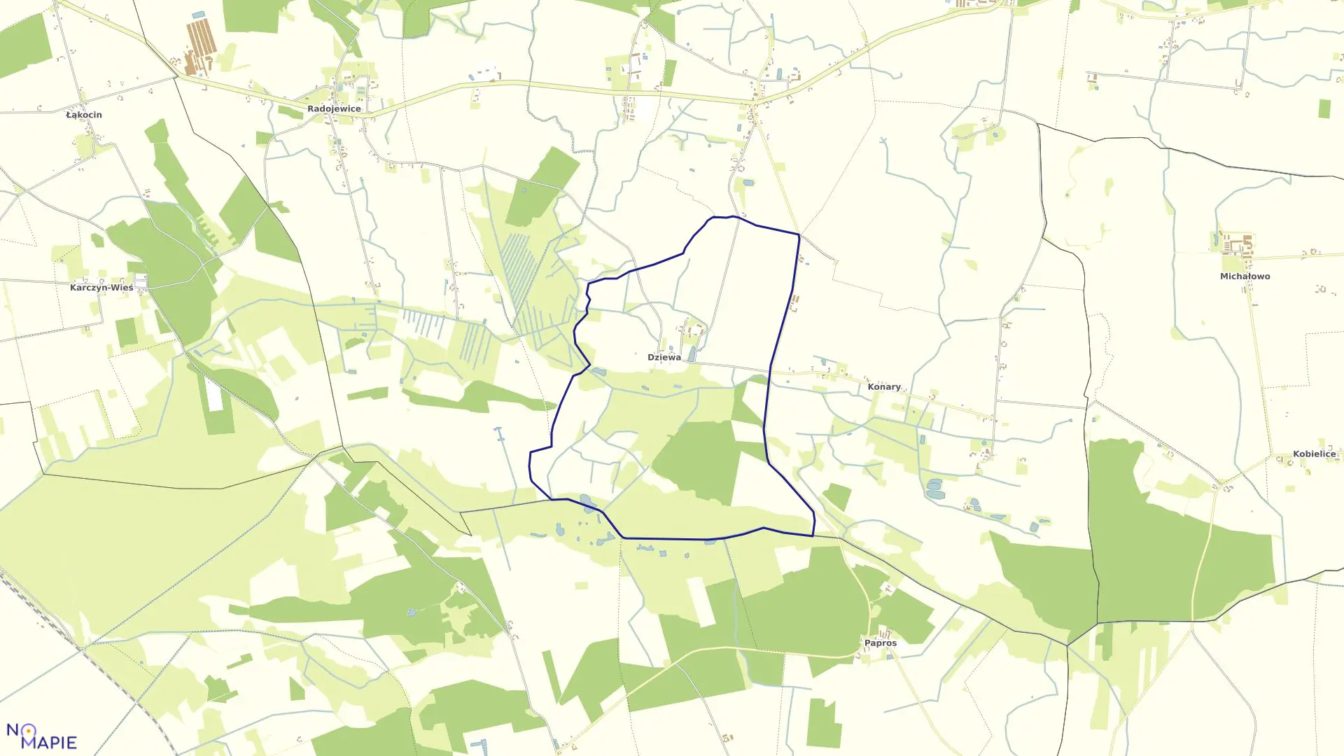 Mapa obrębu Dziewa w gminie Dąbrowa Biskupia