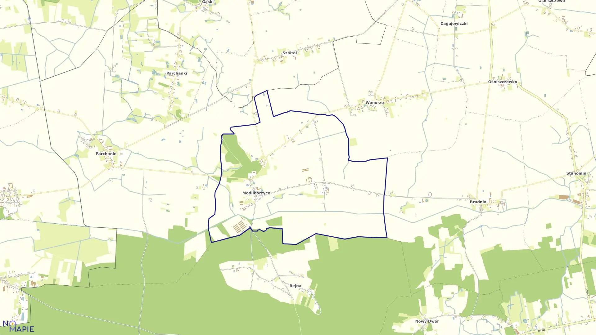 Mapa obrębu Modliborzyce w gminie Dąbrowa Biskupia