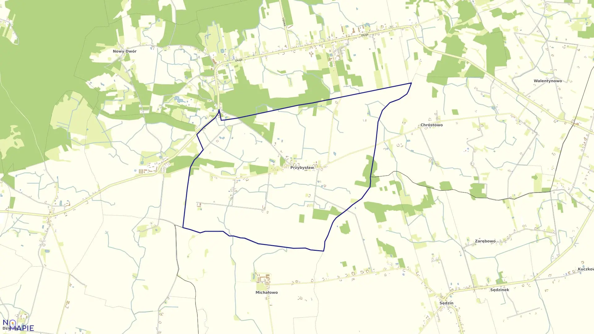 Mapa obrębu Przybysław w gminie Dąbrowa Biskupia