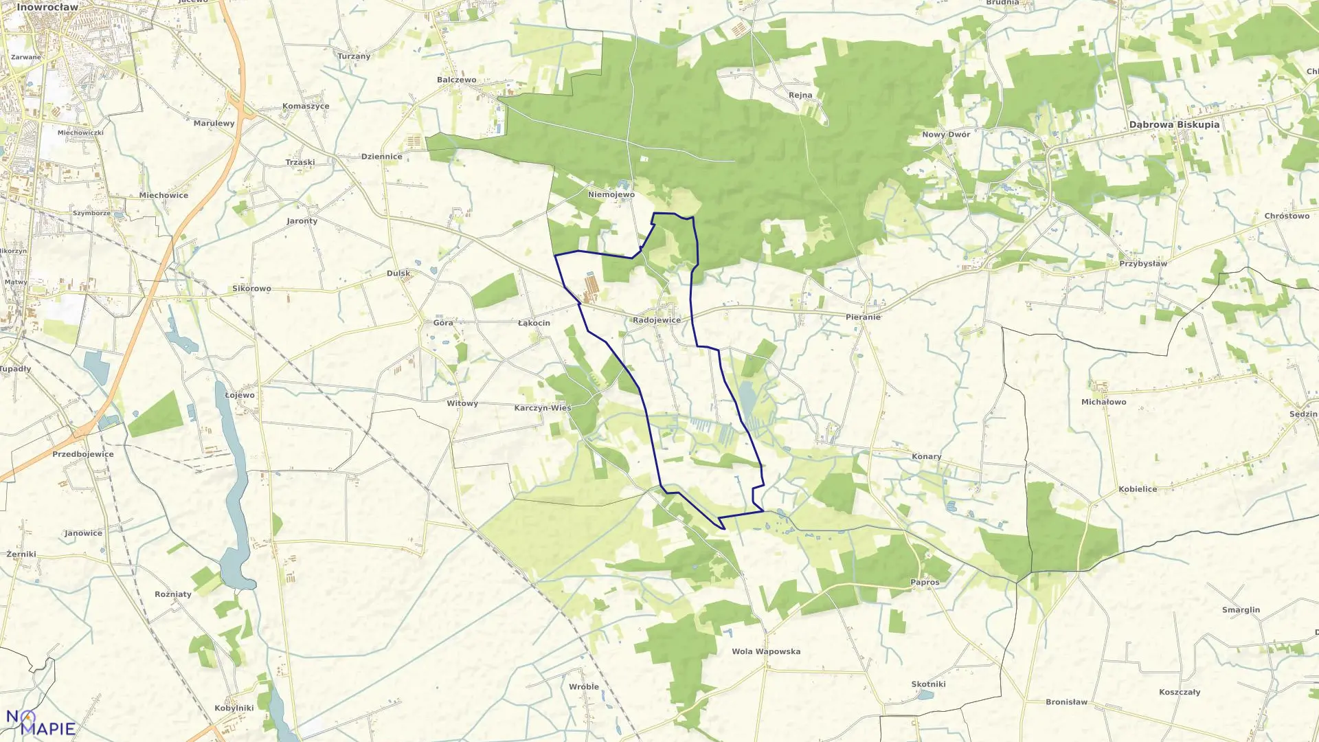 Mapa obrębu Radojewice w gminie Dąbrowa Biskupia