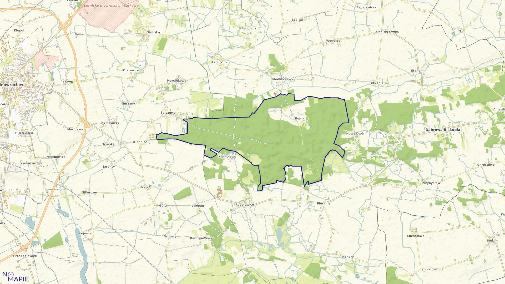 Mapa obrębu Rejna w gminie Dąbrowa Biskupia